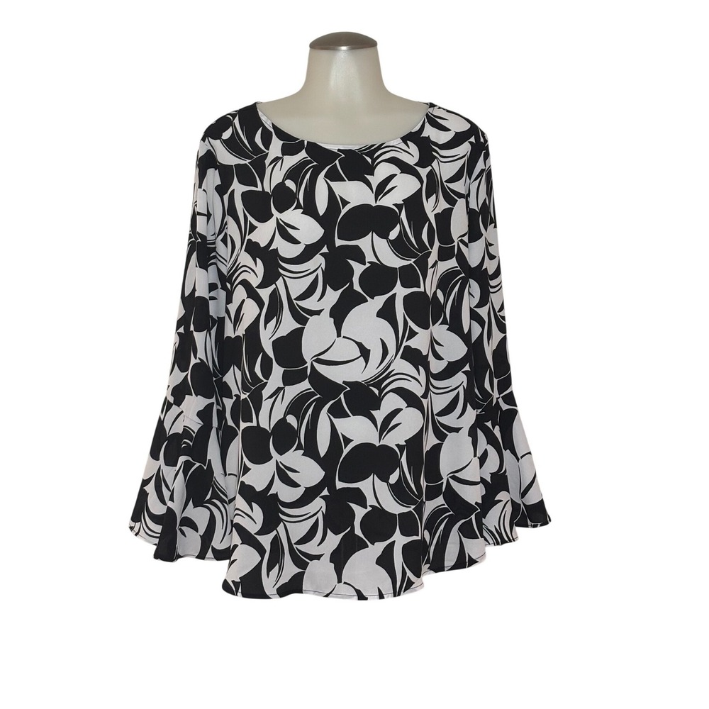 Counterparts Bell Sleeve Blouse Women XL Black White Floral Leaf Print Good